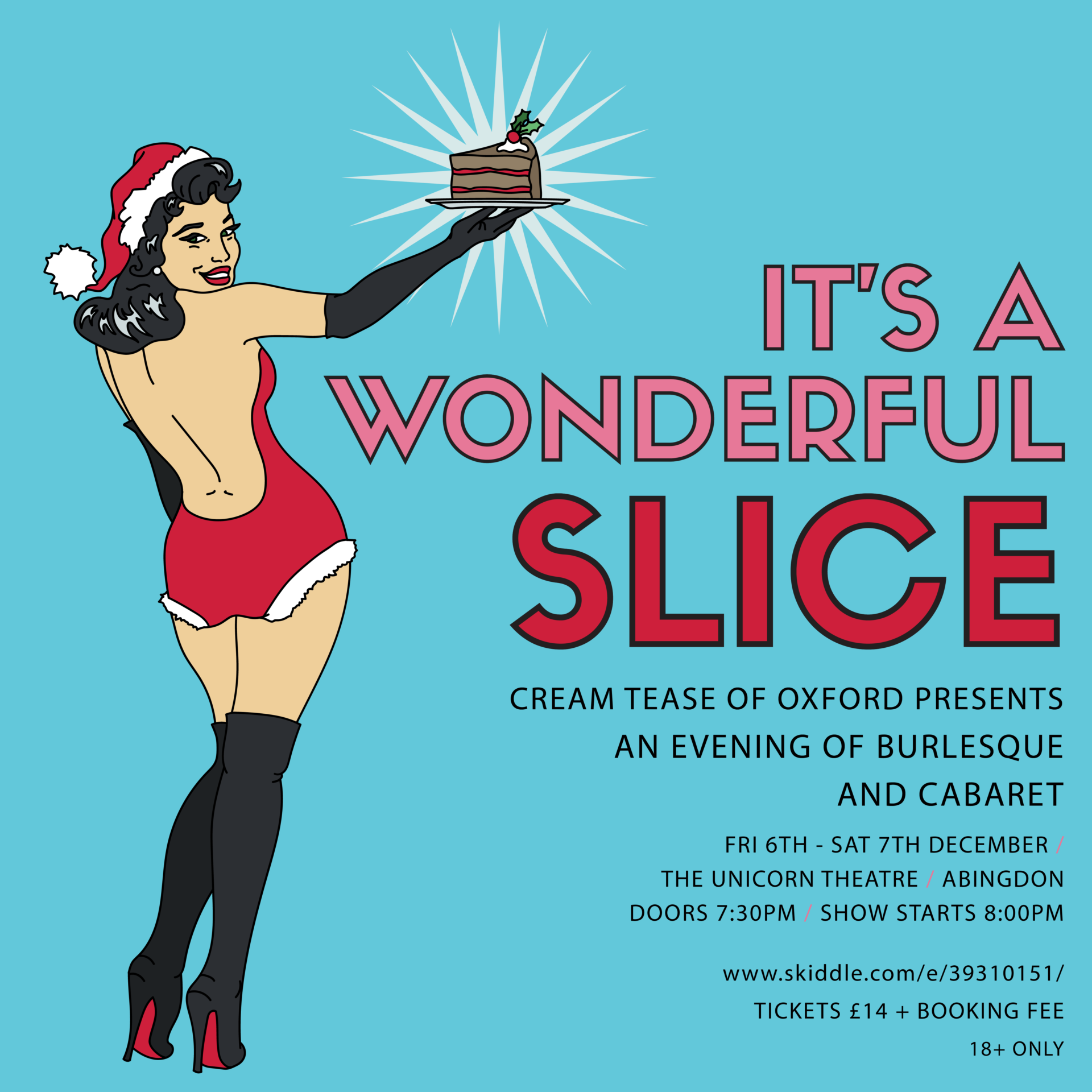 It's a Wonderful Slice event graphic showing burlesque girl cartoon and info of the event