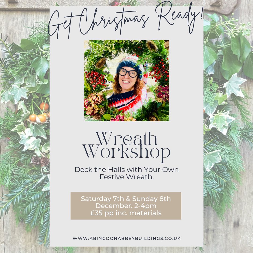 Graphic showing lady holding her handmade wreath with pride, and details of the workshops.