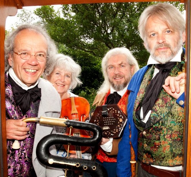 The Mellstock Band Members with their instruments.